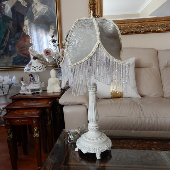 Auth.Dale Tiffany Heart Shape Lamp with Fringes & Beads - Picture 2 of 5